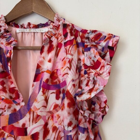 Marie Oliver Maison Ruffle Top Small Watercolor Print Pink Purple - Picture 2 of 4